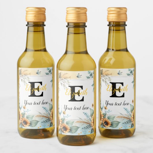 Monogram naam tekst zonnebloemen waterverf modern wijn etiket (Flessen)