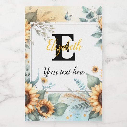 Monogram naam tekst zonnebloemen waterverf modern wijn etiket (Enkel label)