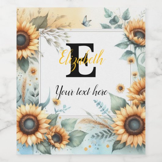 Monogram naam tekst zonnebloemen waterverf modern wijn etiket (Enkel label)
