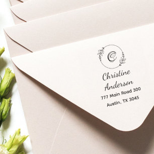 Monogram Naam Terugkeer Adres Greenery Wreath Zelfinktende Stempel