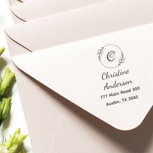 Monogram Naam Terugkeer Adres Greenery Wreath Zelfinktende Stempel