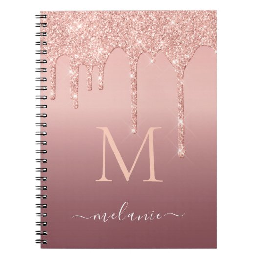 Monogram Naam Text Roze Goud Roze Glitter Glans Notitieboek (Voorkant)