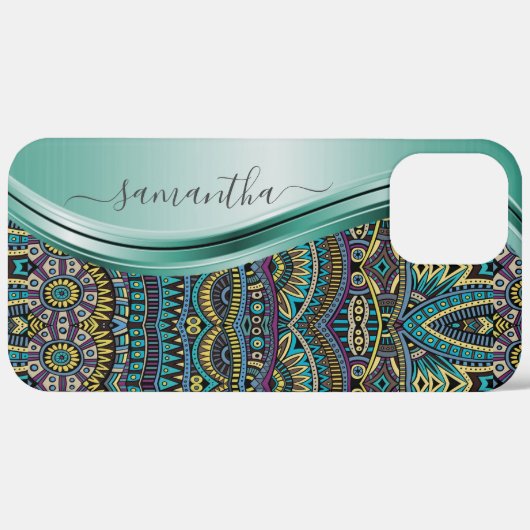 Monogram naam Tribal Blauwgroen Patroon Case-Mate iPhone Case (Achterkant / Rechts)