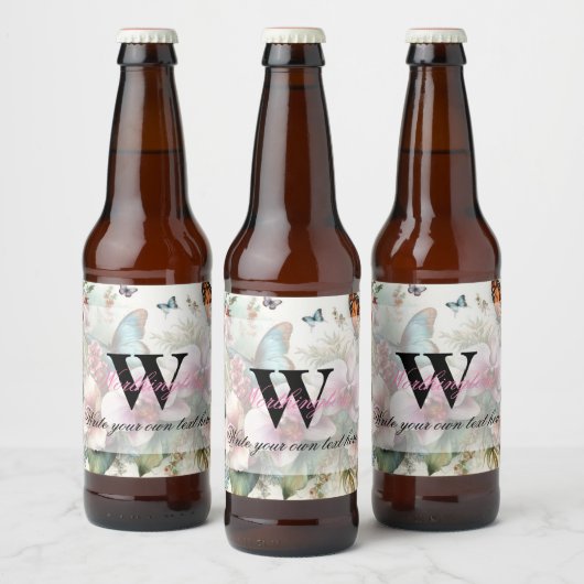 Monogram naam Tropische bloemen verlaat waterverf Bier Etiket (Flessen)