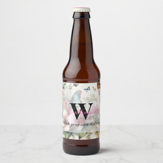 Monogram naam Tropische bloemen verlaat waterverf Bier Etiket (Voorkant)