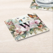 Monogram naam Tropische bloemen verlaat waterverf Kartonnen Onderzetters (Schuin)