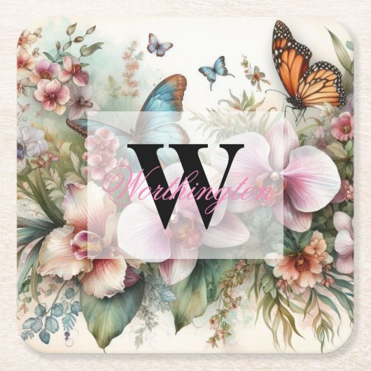 Monogram naam Tropische bloemen verlaat waterverf Kartonnen Onderzetters (Voorkant)