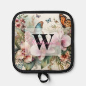 Monogram naam Tropische bloemen verlaat waterverf Pannenlap (Voorkant)