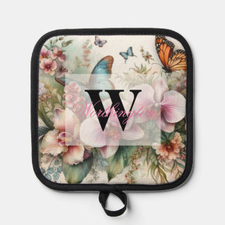 Monogram naam Tropische bloemen verlaat waterverf Pannenlap