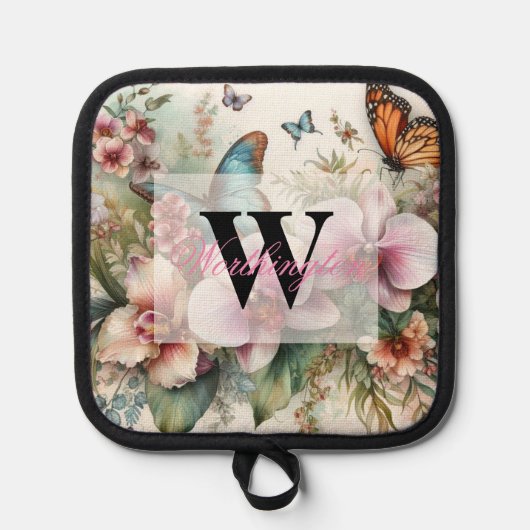 Monogram naam Tropische bloemen verlaat waterverf Pannenlap (Voorkant)