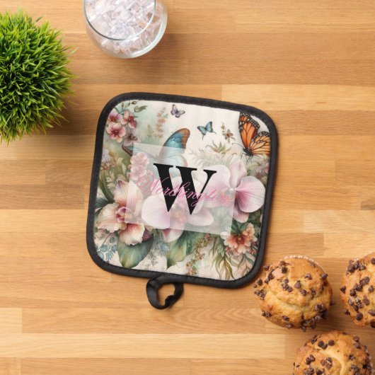 Monogram naam Tropische bloemen verlaat waterverf Pannenlap (Top down)