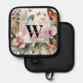 Monogram naam Tropische bloemen verlaat waterverf Pannenlap (Voorkant / Achterkant)