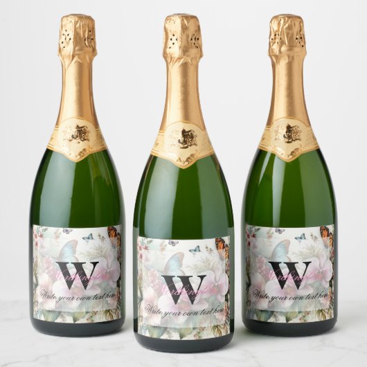 Monogram naam Tropische bloemen verlaat waterverf Sparkling Wijnetiket (Flessen)
