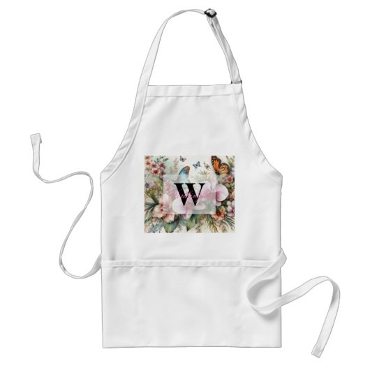 Monogram naam Tropische bloemen verlaat waterverf Standaard Schort (Voorkant)