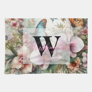 Monogram naam Tropische bloemen verlaat waterverf Theedoek