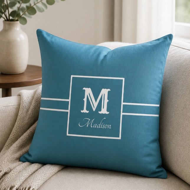 Monogram naam turquoise en witte kussensloop kussen (Creator heeft geüpload)