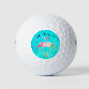 Monogram Naam Twee Roze Flamingos Golf Balls Golfballen