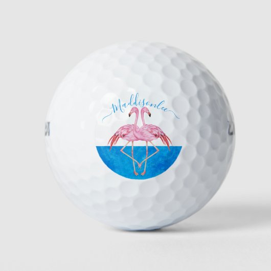 Monogram Naam Twee Roze Flamingos Golfballen (Voorkant)