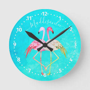 Monogram Naam Twee Roze Flamingos Ronde Klok