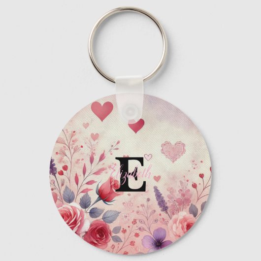 Monogram naam valentijnshartjes bloem waterverf sleutelhanger (Voorkant)
