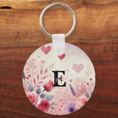 Monogram naam valentijnshartjes bloem waterverf sleutelhanger (Voorkant)