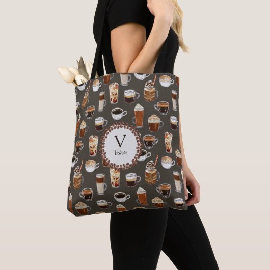 Monogram naam Venti Coffee Lover Brown Tote Bag (Dichtbij)