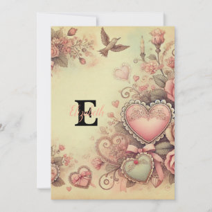 Monogram naam vintage harten bloem waterverf feestdagenkaart