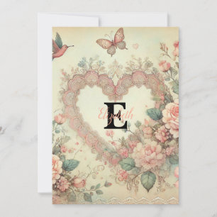 Monogram naam vintage harten bloem waterverf feestdagenkaart