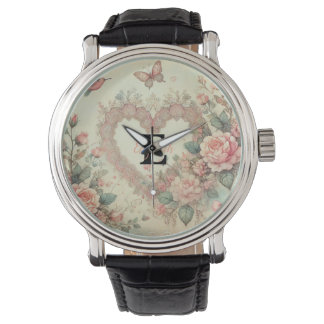 Monogram naam vintage harten bloem waterverf horloge
