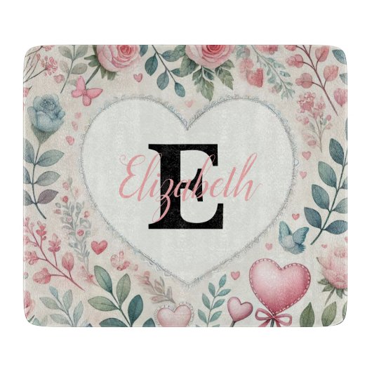 Monogram naam Vintage harten bloem waterverf Snijplank (Voorkant)