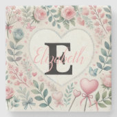 Monogram naam Vintage harten bloem waterverf Stenen Onderzetter (Voorkant)