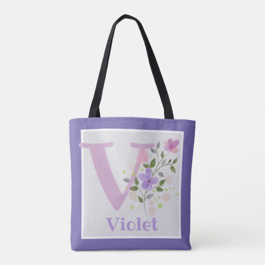 Monogram & Naam Violet met Bloemen Tote Bag (Achterkant)
