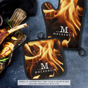 Monogram Naam Vuur Vlammen Ovenwant & Pannenlap Set