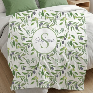 Monogram Naam Watercolor Olijf Patroon  Fleece Deken