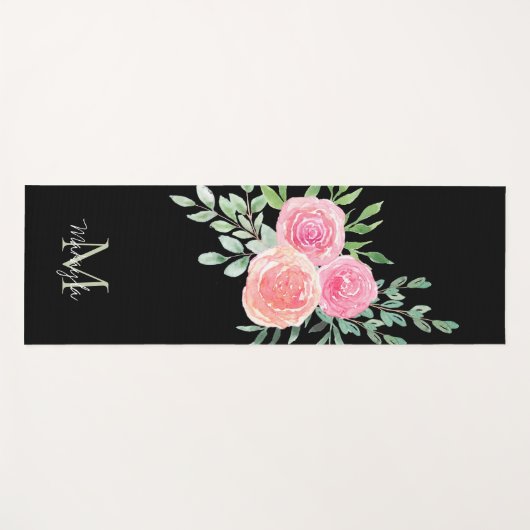 Monogram Naam Waterverf Bloemen Zwart Yogamat (Voorkant (horizontaal))