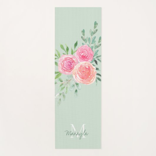 Monogram Naam Waterverf Bloemengroen Yogamat (Voorkant)