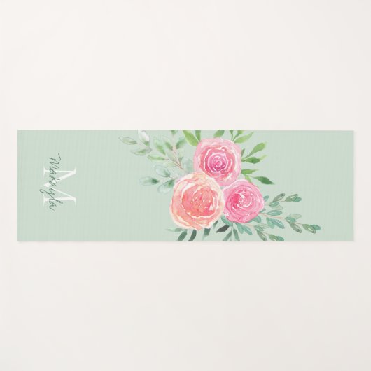 Monogram Naam Waterverf Bloemengroen Yogamat (Voorkant (horizontaal))