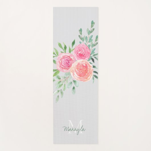 Monogram Naam Waterverf Bloemgrijs Yogamat (Voorkant)