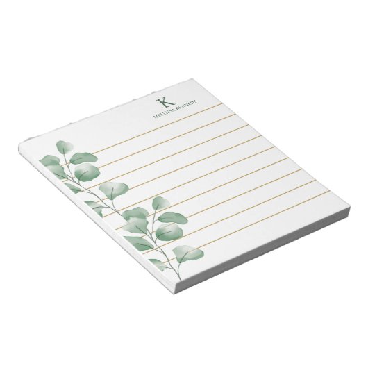 Monogram Naam Waterverf Eucalyptus Goud Gevoerde Notitieblok (Schuin)