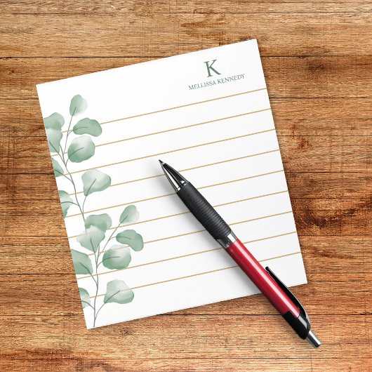 Monogram Naam Waterverf Eucalyptus Goud Gevoerde Notitieblok