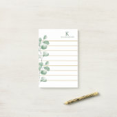 Monogram Naam Waterverf Eucalyptus Goud Gevoerde Post-it® Notes (Op bureau)