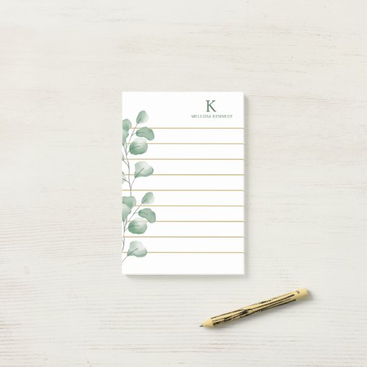Monogram Naam Waterverf Eucalyptus Goud Gevoerde Post-it® Notes (Op bureau)