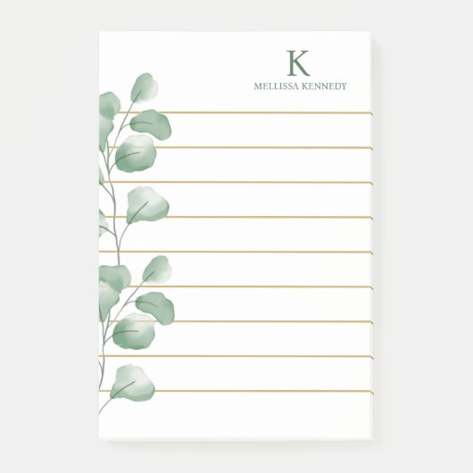 Monogram Naam Waterverf Eucalyptus Goud Gevoerde Post-it® Notes (Voorkant)