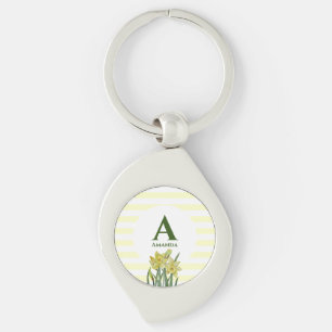 Monogram Naam Waterverf Gele affodils Stripes Sleutelhanger