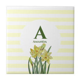 Monogram Naam Waterverf Gele affodils Stripes Tegeltje