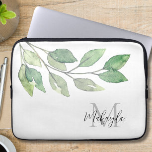 Monogram naam Waterverf groen Laptop Sleeve