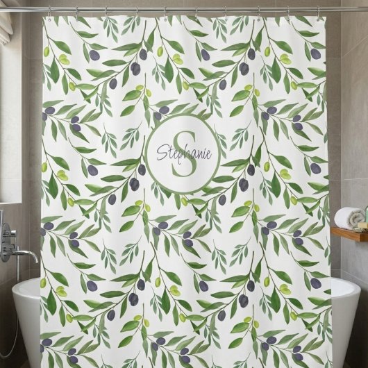 Monogram Naam Waterverf Olijf Patroon Douchegordijn