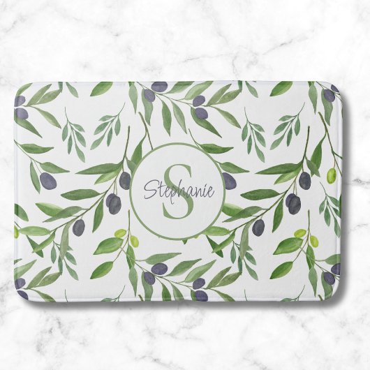 Monogram Naam Waterverf Olijfpatroon Badmat