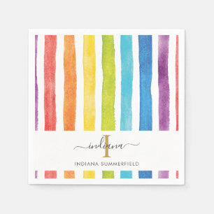 Monogram Naam Waterverf Regenboog Kleurrijke Strep Servet