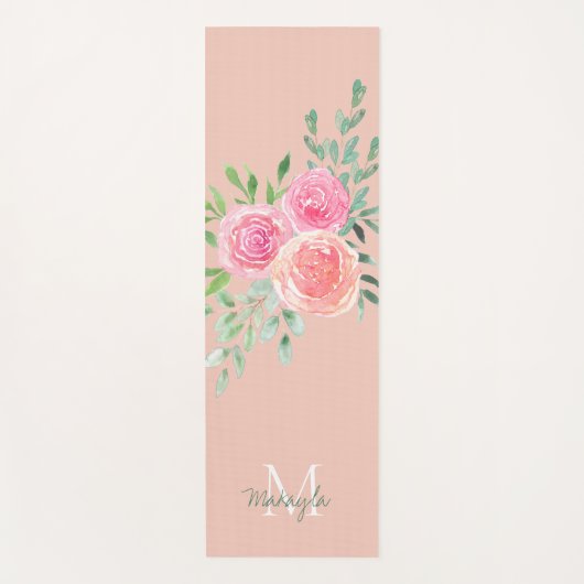 Monogram Naam Waterverf Roze Bloem Yogamat (Voorkant)